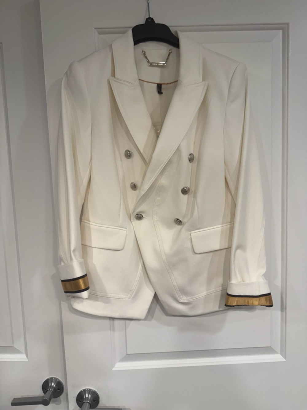White House Black Market Cream Double-Breasted Blazer with Gold Trim